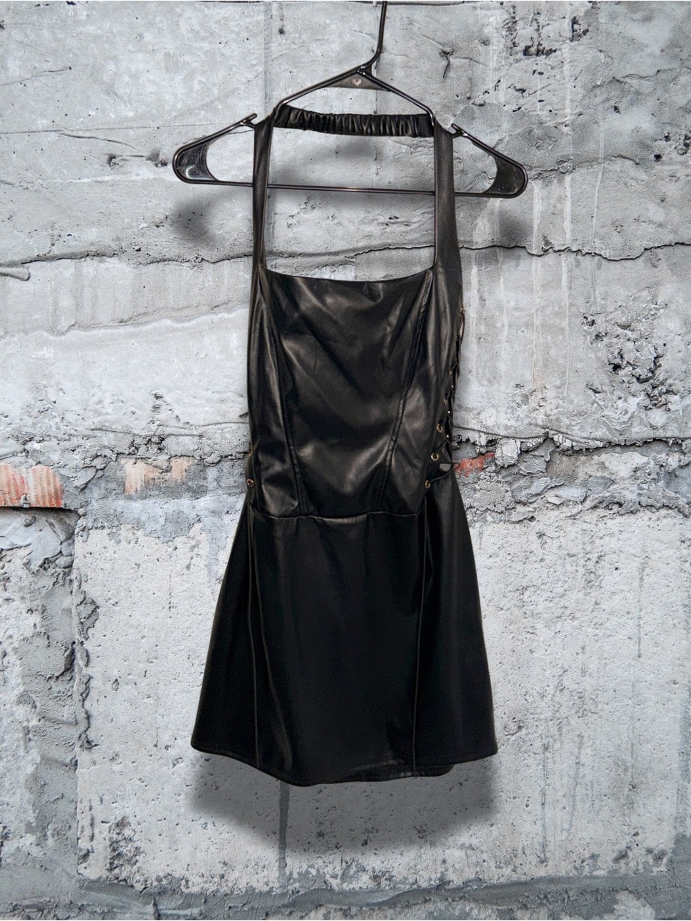 privy Black Faux Leather Mini Halter Dress